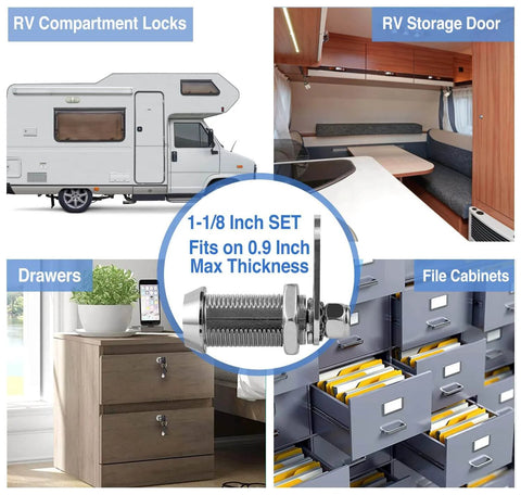 Keyed Alike RV Storage Locks 1-1/8 Inch Fits Up To 7/8 Inch Door Thickness shown with applications on camper, drawer, file cabinet.