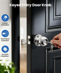 Hand using key in Keyed Entry Door Knob With Quick Exit Thumbturn For Bedroom And Office Security, brushed nickel finish on black door.