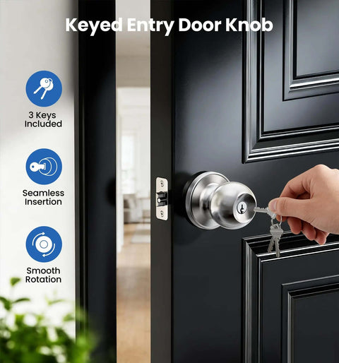 Hand using key in Keyed Entry Door Knob With Quick Exit Thumbturn For Bedroom And Office Security, brushed nickel finish on black door.