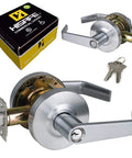 Keyed Entry Grade 2 Commercial Door Lever Lock Non-Handed Satin Chrome 26D Backset 2 3 Quarter Inch UL Fire Rated with box and keys