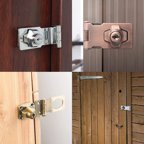 Collage of 4 Pack Two And A Half Inch Keyed Hasp Locks With Two Keys Each Twist Knob Keyed Locking Hasp For Small Doors And Cabinets in use