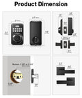 Dimensions of keyless entry door lock with two lever handles, front and side views, showing measurements and components.