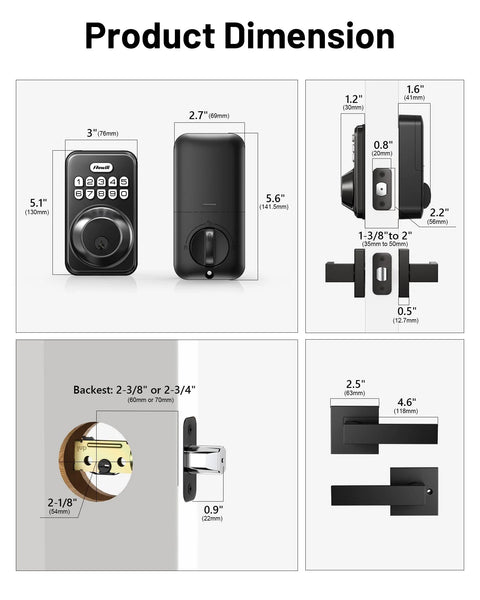 Dimensions of keyless entry door lock with two lever handles, front and side views, showing measurements and components.
