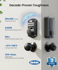 Keyless Entry Door Lock With Two Knobs And Electronic Backlit Keypad Deadbolt Auto Lock Up To 20 User Codes Smart Front Door Lock With Handle Set Easy To Install Matte Black Finish Enhanced Home Security For Exterior Doors displayed with durability test icons beside it.