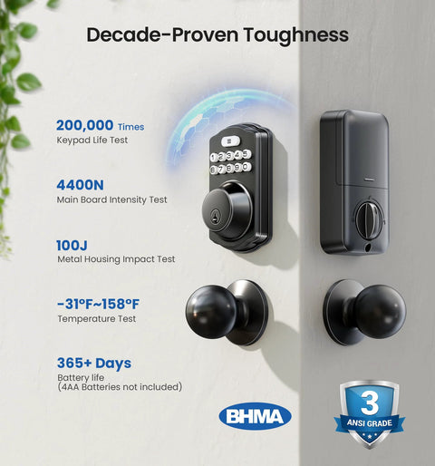 Keyless Entry Door Lock With Two Knobs And Electronic Backlit Keypad Deadbolt Auto Lock Up To 20 User Codes Smart Front Door Lock With Handle Set Easy To Install Matte Black Finish Enhanced Home Security For Exterior Doors displayed with durability test icons beside it.