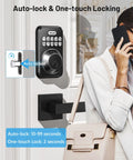 Keyless entry door lock with two lever handles provides secure access for homes and rentals, image showing installed lock with keypad.