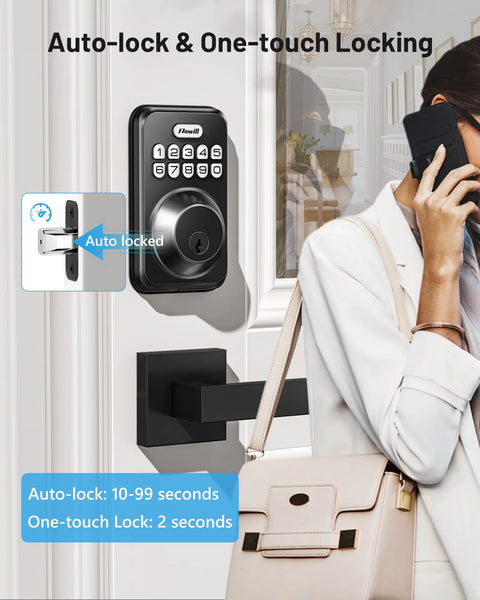 Keyless entry door lock with two lever handles provides secure access for homes and rentals, image showing installed lock with keypad.