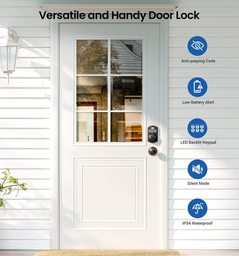 White exterior door with Keyless Entry Door Lock With Two Knobs And Electronic Backlit Keypad Deadbolt Auto Lock Up To 20 User Codes.