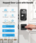 Keyless entry door lock with two lever handles provides secure, convenient access for homes and rentals, autolocks after a set time, backlit keypad with antipeeping password, ANSI Grade 3 security, IP54 weather resistance, and long battery life shown installed on door.