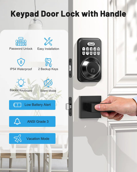 Keyless entry door lock with two lever handles provides secure, convenient access for homes and rentals, autolocks after a set time, backlit keypad with antipeeping password, ANSI Grade 3 security, IP54 weather resistance, and long battery life shown installed on door.