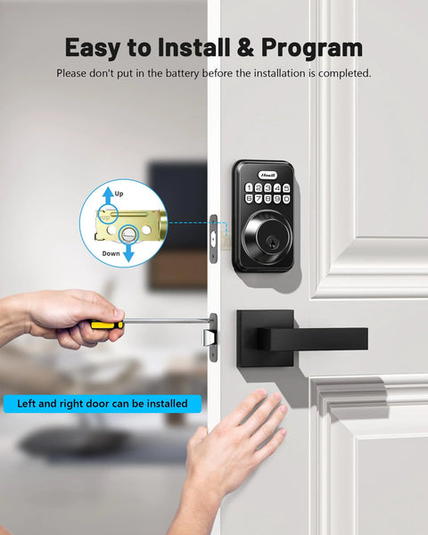 Keyless entry door lock with two lever handles being installed on a door, showing the backlit keypad and screwdriver in use.