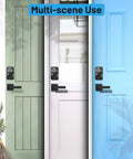 Keyless entry door lock with two lever handles provides secure, convenient access for homes and rentals, autolocks after a set time, backlit keypad with antipeeping password, ANSI Grade 3 security, IP54 weather resistance, and long battery life on green, white, and blue doors.