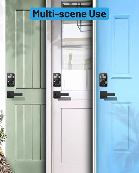 Keyless entry door lock with two lever handles provides secure, convenient access for homes and rentals, autolocks after a set time, backlit keypad with antipeeping password, ANSI Grade 3 security, IP54 weather resistance, and long battery life on green, white, and blue doors.