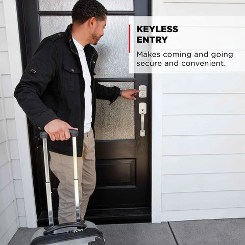 Person using Powerbolt 250 10 Button Keypad Electronic Deadbolt With Auto Lock And Keyless Entry for satin nickel exterior doors.