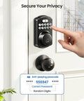 Keyless Entry Door Lock With Two Knobs And Electronic Backlit Keypad Deadbolt Auto Lock Up To 20 User Codes Smart Front Door Lock With Handle Set Easy To Install Matte Black Finish Enhanced Home Security For Exterior Doors installed on white door with hand entering code.