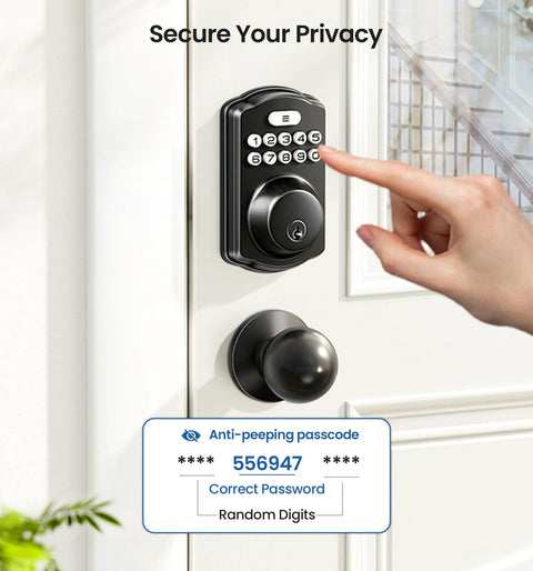 Keyless Entry Door Lock With Two Knobs And Electronic Backlit Keypad Deadbolt Auto Lock Up To 20 User Codes Smart Front Door Lock With Handle Set Easy To Install Matte Black Finish Enhanced Home Security For Exterior Doors installed on white door with hand entering code.