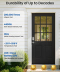 Front view of a black door with a Keyless Entry Door Lock With Dual Lever Handles And Electronic Keypad Deadbolt, satin nickel finish.