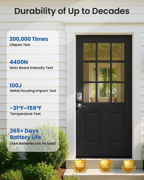 Front view of a black door with a Keyless Entry Door Lock With Dual Lever Handles And Electronic Keypad Deadbolt, satin nickel finish.