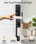 Keyless entry smart lock with a sturdy handle provides secure door access, remote control via the included gateway, app management, fingerprint and PIN code unlock, plus auto lock for peace of mind, featuring a sleek black design on a white door with biometric scanner.