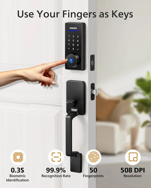 Keyless entry smart lock with a sturdy handle provides secure door access, remote control via the included gateway, app management, fingerprint and PIN code unlock, plus auto lock for peace of mind, featuring a sleek black design on a white door with biometric scanner.