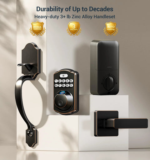 Secure, keyless entry with a lever handle fingerprint door lock set featuring an electronic keypad and autolock displayed