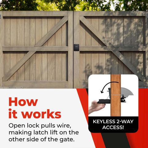 Wood gate with Gate Lock – Secure Keyless Fence Lock and Latch, showing installation and 2-way access mechanism for theft prevention.