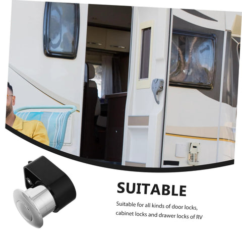 RV drawer push-button latch; black housing with silver knob for cabinet doors on trailers and RVs