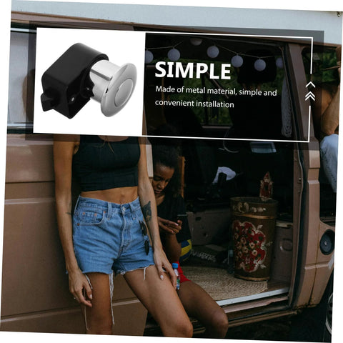 Unomor RV drawer lock push-button latch with metal body and black housing for cabinet doors on trailers and RVs.