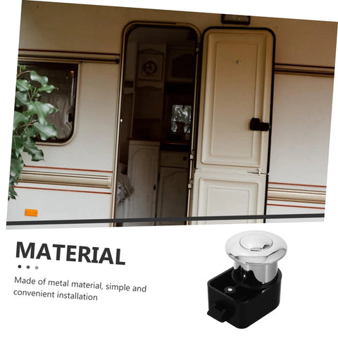 Unomor RV drawer lock push-button latch for cabinet doors; chrome button on black housing, marine-grade metal.