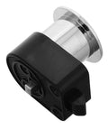 Close-up of Unomor RV drawer lock push-button latch; chrome mounting plate with black housing