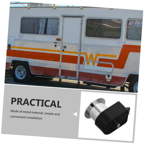 Unomor RV drawer lock push-button latch; side-view RV with orange stripe and close-up of black latch with chrome face