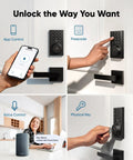 "Keyless Entry Smart Lock With Built In WiFi Keypad Deadbolt For Front Door No Bridge Required Easy Installation With App Remote Control Auto Lock And Voice Control Battery Level Indicator And Secure Access Management BHMA Grade 3" shown in various usage scenarios, including app, passcode, voice, and physical key control.
