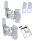 Keyless thumb twist cam lock for RVs, boats, storage compartments and outdoor showers provides easy one-handed operation, shown in zinc alloy with user manual.