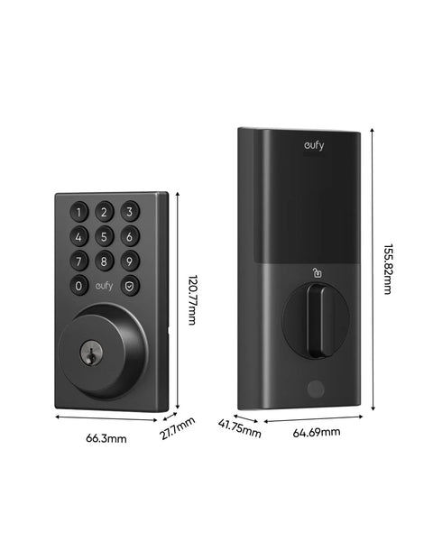 Keyless Entry Smart Lock With Built In WiFi Keypad Deadbolt For Front Door No Bridge Required Easy Installation With App Remote Control Auto Lock And Voice Control Battery Level Indicator And Secure Access Management BHMA Grade 3, showing front and rear components with dimensions.