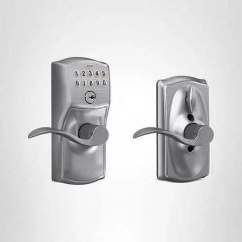 Camelot Keypad Entry Door Lock With Flex Lock And Accent Levers In Brushed Chrome For Keyless Entry, Auto Relock, Front View