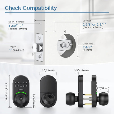 Keypad Smart Door Knob Lock With Backlit Keypad Keyless Entry For Front Door Aluminum Alloy IP54 Weatherproof Easy DIY Installation Supports 20 User Codes Ideal For Homes Apartments And Small Offices, showing dimensions and compatibility details