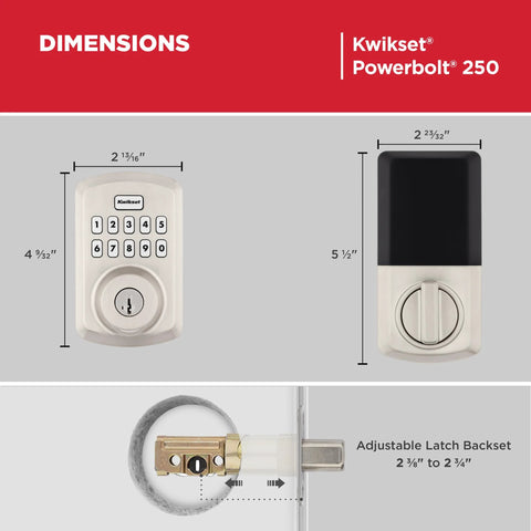 Dimensions of Kwikset Powerbolt 250 10 Button Keypad Electronic Deadbolt with Auto Lock and Keyless Entry for Satin Nickel Doors.