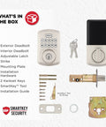 Powerbolt 250 10 Button Keypad Electronic Deadbolt With Auto Lock And Keyless Entry for Satin Nickel Exterior Doors package contents.
