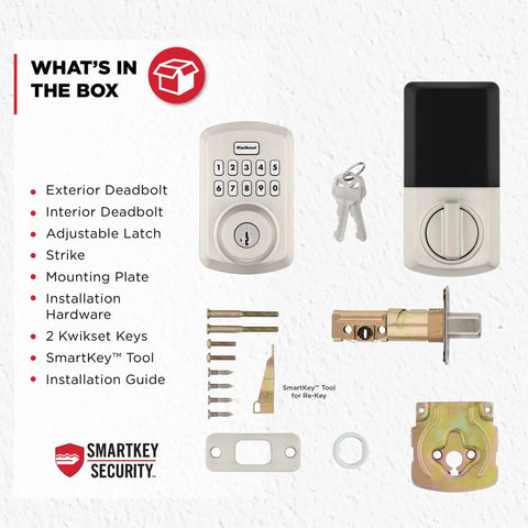 Powerbolt 250 10 Button Keypad Electronic Deadbolt With Auto Lock And Keyless Entry for Satin Nickel Exterior Doors package contents.