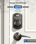 Smart fingerprint door lock with keypad and dual lever handles offers 0.3 second fingerprint unlock, on white door