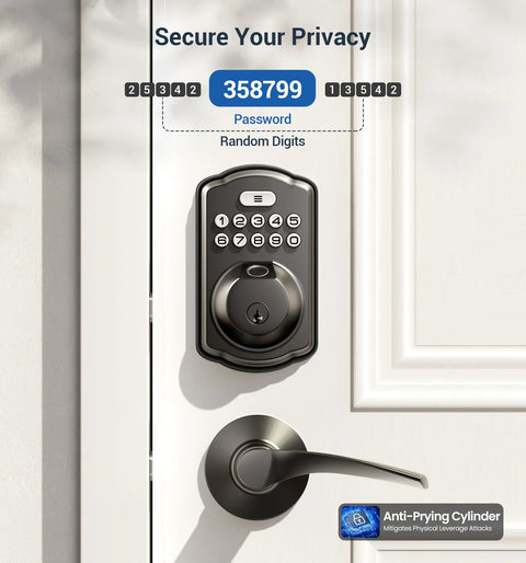 Smart fingerprint door lock with keypad and dual lever handles offers 0.3 second fingerprint unlock, on white door