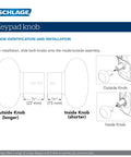 Diagram showing installation of Schlage keypad knob with labels for outside and inside knobs, illustrating measurements.