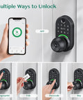 Upgrade your entry security with a keypad smart door lock featuring a durable aluminum body, knob handle, and five unlock methods: app, PIN, fingerprint, fob, and key for safer, easier, hands-free access to your front door. Black aluminum keypad smart door lock with smartphone app control, fingerprint reader, fob, passcode, and key access displayed.