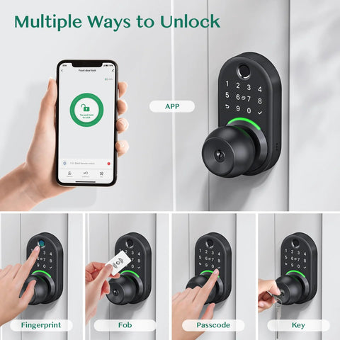 Upgrade your entry security with a keypad smart door lock featuring a durable aluminum body, knob handle, and five unlock methods: app, PIN, fingerprint, fob, and key for safer, easier, hands-free access to your front door. Black aluminum keypad smart door lock with smartphone app control, fingerprint reader, fob, passcode, and key access displayed.
