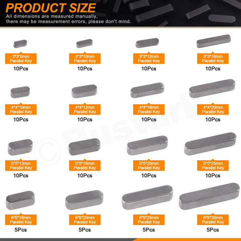 Image showing sizes of keys in Comprehensive Keystock Kit With 140 Pieces In 16 Sizes Featuring Round Ended Feather Keys And Parallel Drive Shaft Keys.
