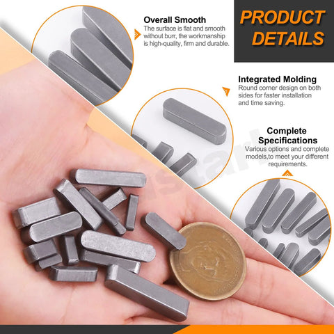 Hand holding feather keys from Comprehensive Keystock Kit With 140 Pieces In 16 Sizes Featuring Round Ended Feather Keys And Parallel Drive Shaft Keys