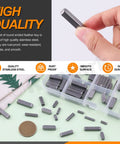 Hand holding a round-ended feather key next to an open case of keys from a Comprehensive Keystock Kit With 140 Pieces In 16 Sizes Featuring Round Ended Feather Keys And Parallel Drive Shaft Keys For Keyways And Mechanical Projects Great Value For Machinists Woodworkers And DIYers Gearheads.