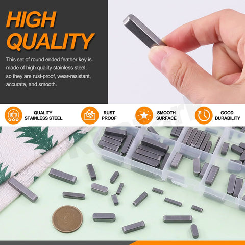 Hand holding a round-ended feather key next to an open case of keys from a Comprehensive Keystock Kit With 140 Pieces In 16 Sizes Featuring Round Ended Feather Keys And Parallel Drive Shaft Keys For Keyways And Mechanical Projects Great Value For Machinists Woodworkers And DIYers Gearheads.