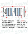 Diagram of KF25 Stainless Steel Bellows 1000mm Corrugated Vacuum Hose ISO NW25 with dimensions and specifications