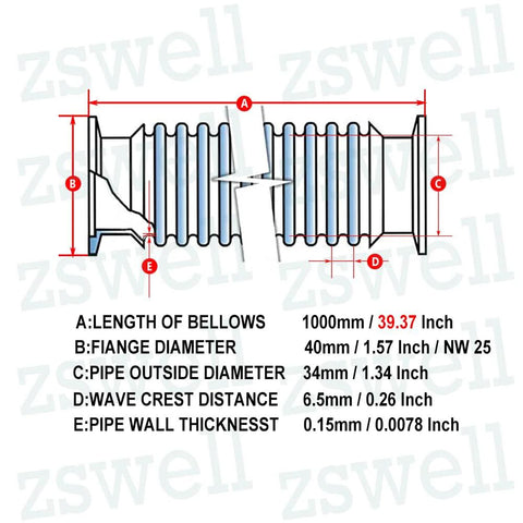 Diagram of KF25 Stainless Steel Bellows 1000mm Corrugated Vacuum Hose ISO NW25 with dimensions and specifications